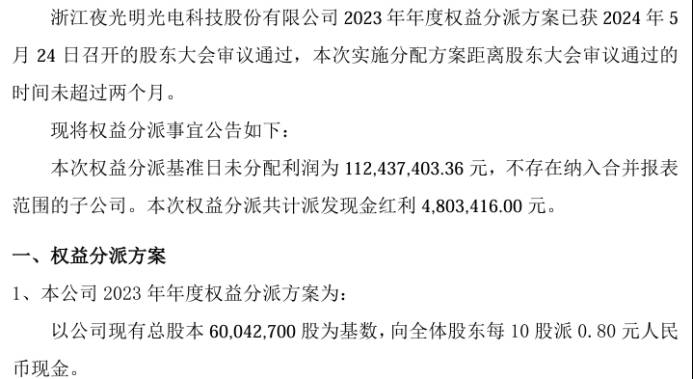 夜光明2023年度权益分派每10股派现0.8元 共计派发现金红利480.34万  第1张