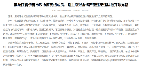 黑龙江省伊春市政协原党组成员、副主席张金铸被开除党籍