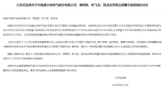 预计净利润与经审计净利润差异较大 南通大地电气及相关责任人收警示函  第1张