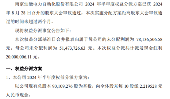 灿能电力2024年半年度权益分派每10股派现2.22元 共计派发现金红利2000万元  第1张