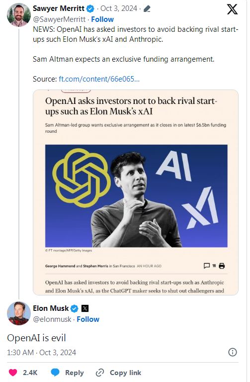 OpenAI要求投资者不要支持xAI等竞争对手，马斯克回应：真邪恶！  第1张